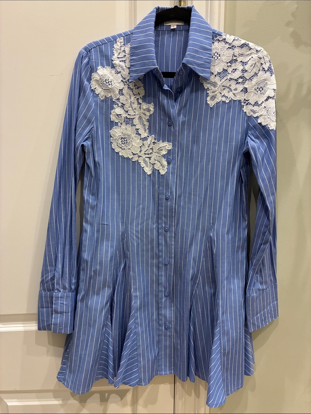 Blue Pinstripe Button-Down dress with White Lace Appliqué could be worn w a belt